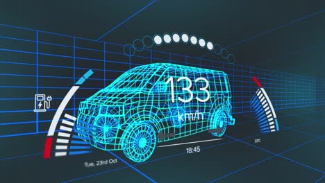 animación del velocímetro, el gps y los datos del estado de carga en la interfaz del vehículo, en un modelo de furgoneta 3d