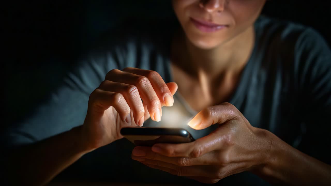 Close-Up of a Person Using a Smartphone in Low Lighting, Focusing on Hands and Device Interaction, Highlighting Technology's Role in Daily Life