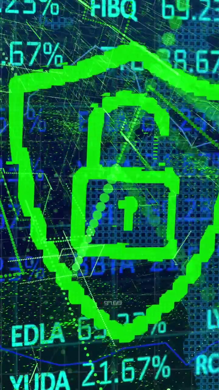 Datos animados del mercado de valores y mapa mundial brillan en azul sobre fondo negro.