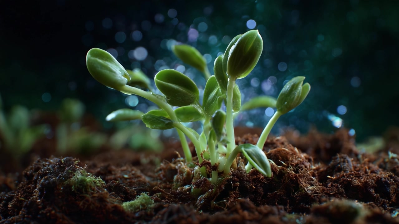 Una vista ravvicinata di piantine appena germogliate che emergono da terreno fertile sotto uno sfondo nebbioso ed etereo, evidenziando la bellezza della nuova vita e della crescita