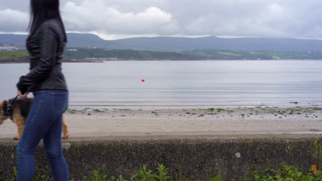 Dog-on-leash-walking-along-beach-wall-with-female-owner-sea-and-hills-on-the-horizon