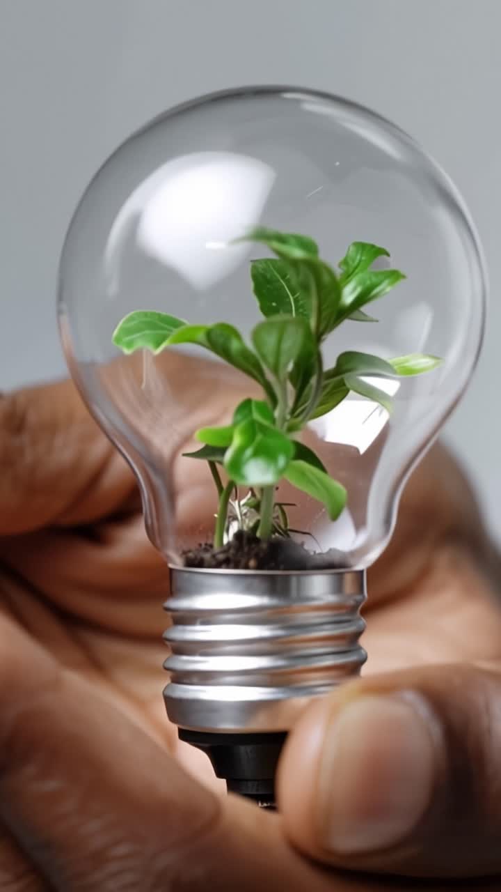 A hand holds a light bulb containing a vibrant green plant, symbolizing the fusion of nature and technology in a sustainable future and environmental consciousness
