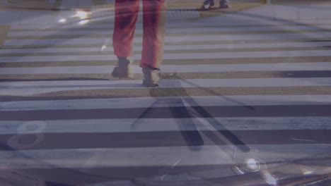 Animation-of-moving-hands-on-clock-over-feet-walking-on-pedestrian-crossing-at-night