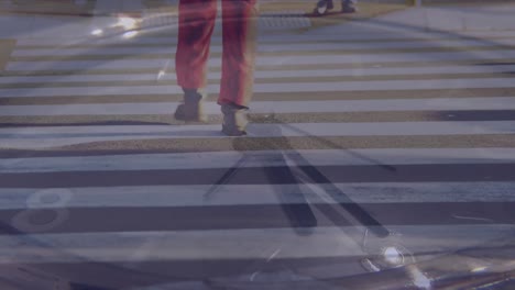 animation of moving hands on clock over feet walking on pedestrian crossing at night