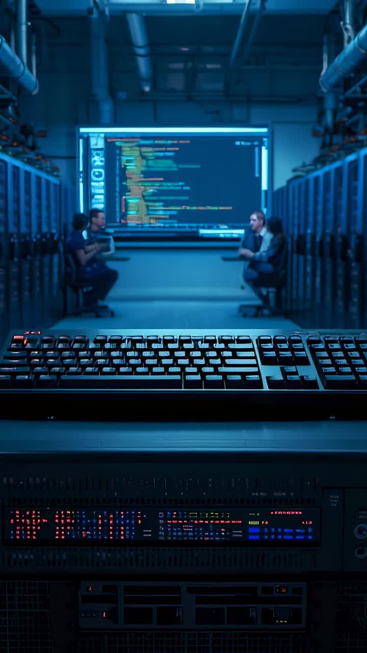 Vertical video: Zooming out camera showing keyboard as developers reviewing code in data center