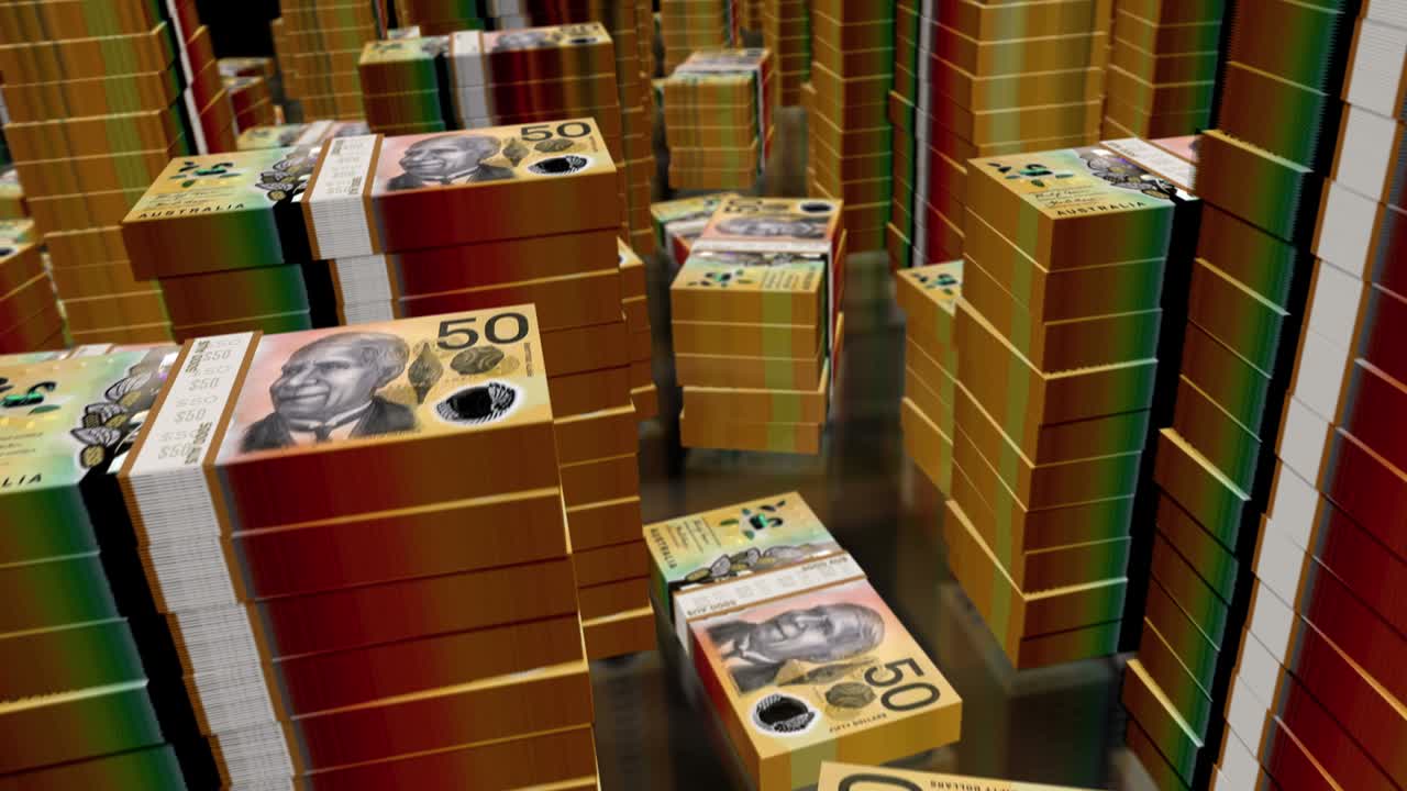 3d 비행을 통해 오스트레일리아 달러 돈 지폐 패크 루프 애니메이션