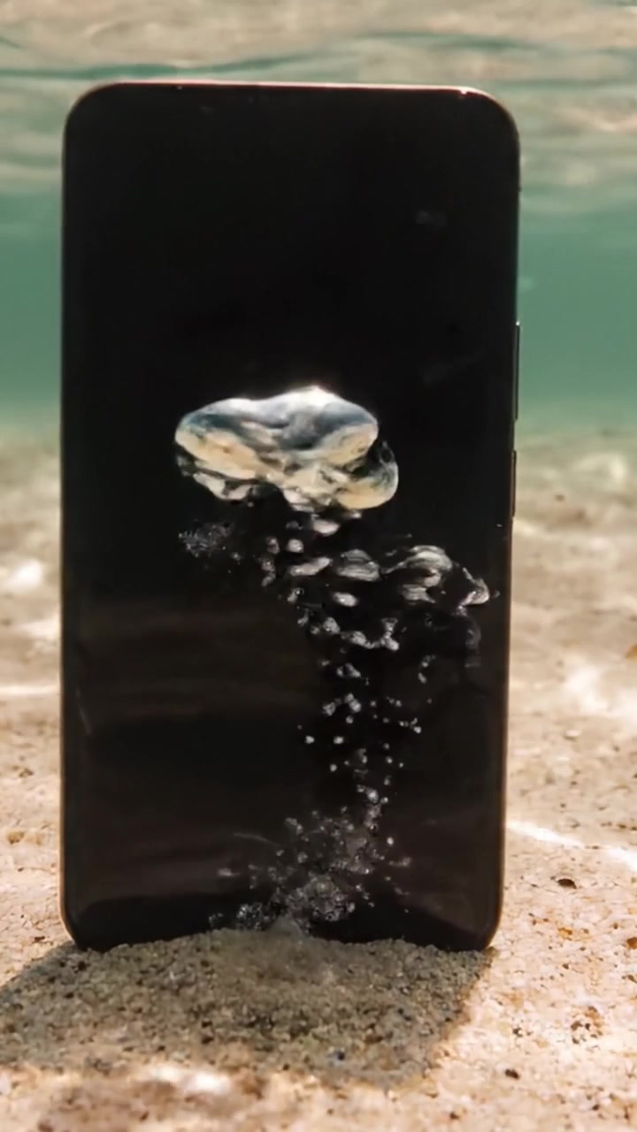 Esplorando la serenità della tecnologia subacquea: uno smartphone cullato dagli elementi della natura, immerso in un mistico ambiente acquatico.