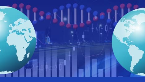 Animation-of-dna-strand,-globes-and-lights-over-cityscape