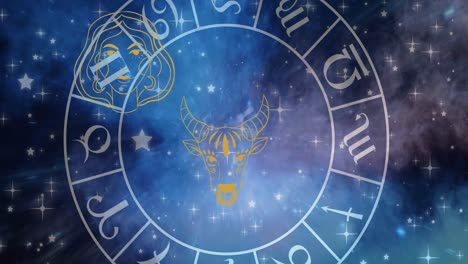 Animation-of-taurus-over-rotating-zodiac-wheel-over-cosmos