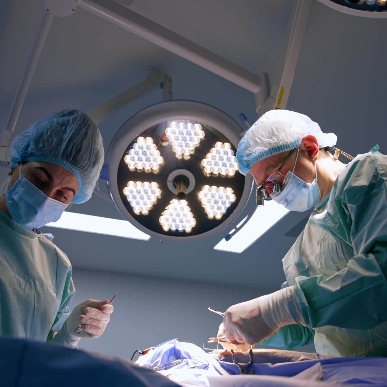 Doctor and nurse working hard at the operation. Surgeon sewing the incision and nurse cuts the thread. Low angle view