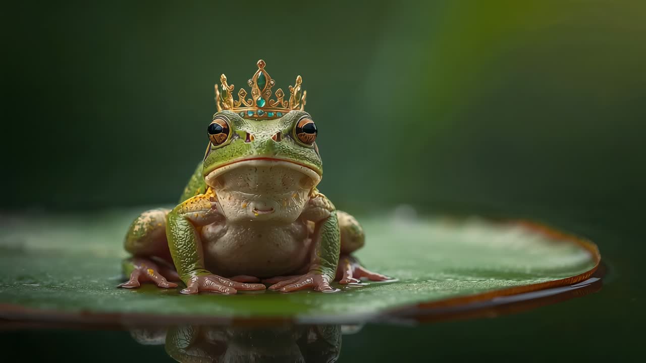 Zooming camera moving toward green tree frog on lily pad, focusing on golden crown and face
