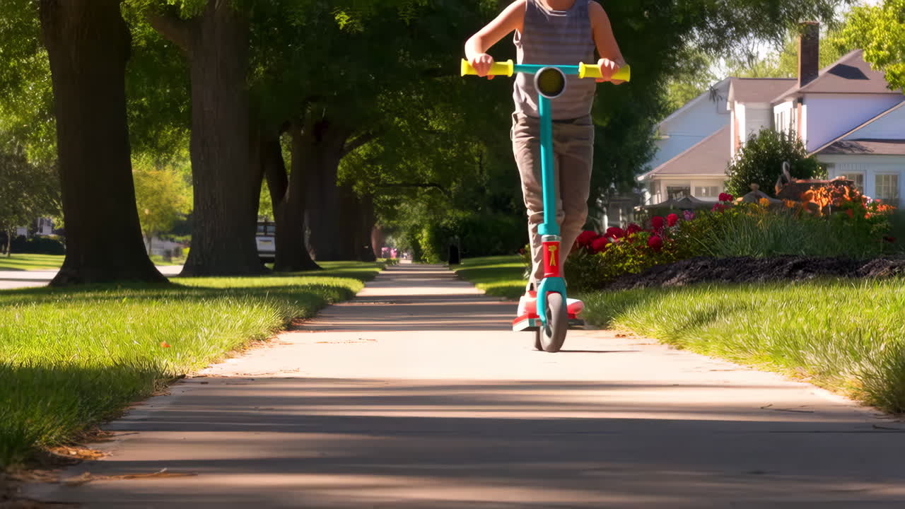 Child riding scooter on sidewalk
