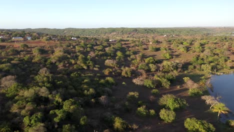 Lateral-Flight-Over-Inhampavala-Lake-And-Tribal-Village-in-Chindeguele-Mozambique