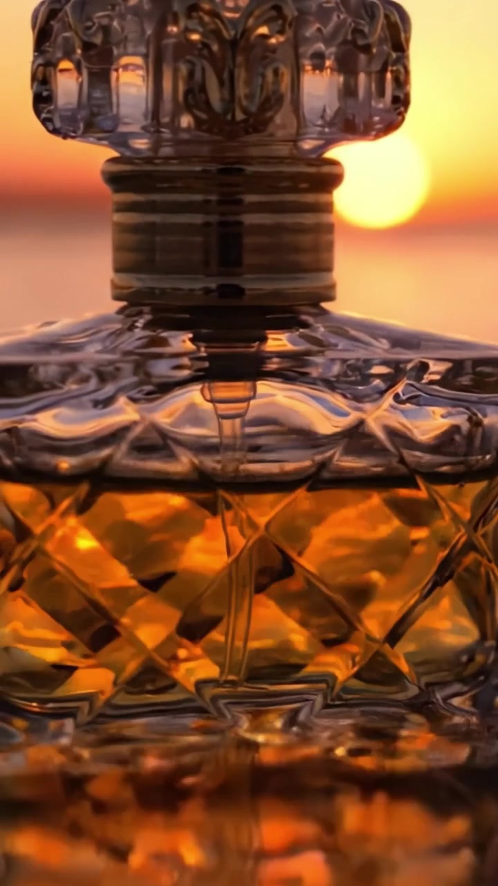 Elegante Bottiglia di Profumo in Vetro Catturata Contro un Bellissimo Tramonto, Mettendo in Mostra il Suo Design Intricato e il Liquido Ambrato che Riflette i Colori Caldi del Crepuscolo