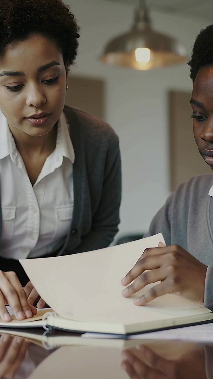 Vertical video: Placing note, tutor in gray sweater guiding teen at desk, reviewing spiral notes