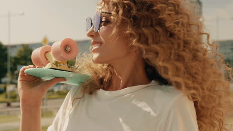 woman with curly hair and skateboard