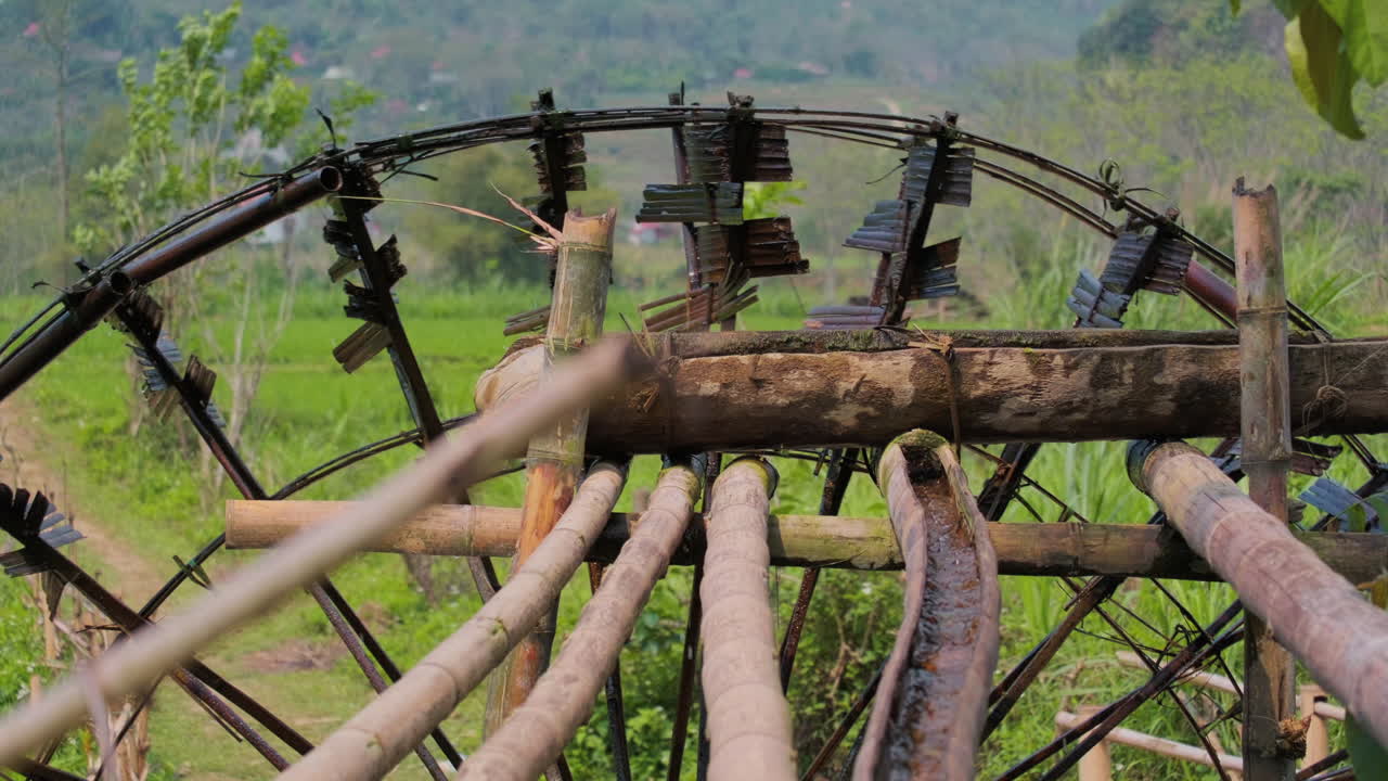 Water Wheels For Traditional Farming Irrigation In Pu Luong, Northern Vietnam. Close-up Shot