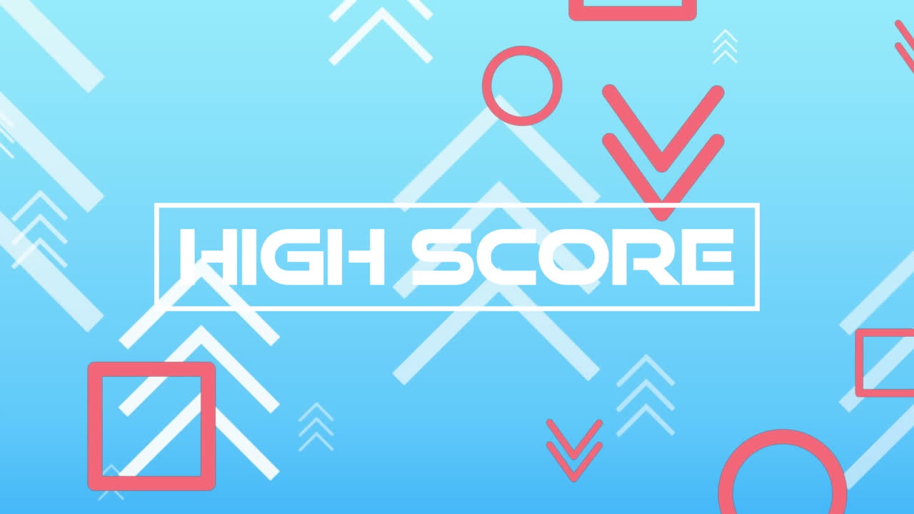 Animation of high score text banner and abstract shapes falling against blue background