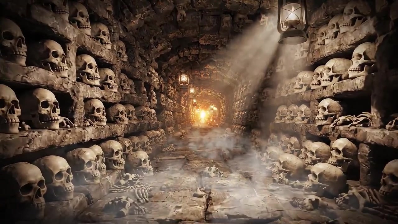 Oscuro passaggio sotterraneo illuminato da lanterne, rivestito di teschi, che crea un'atmosfera inquietante e spettrale in un'antica catacomba.