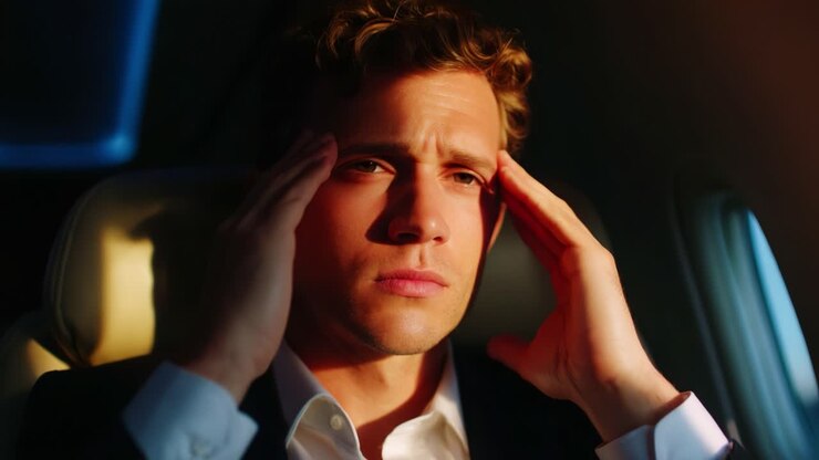 A distressed individual experiencing a moment of introspection and emotional turmoil, highlighting the struggle between external pressure and internal peace in a luxurious yet confining environment