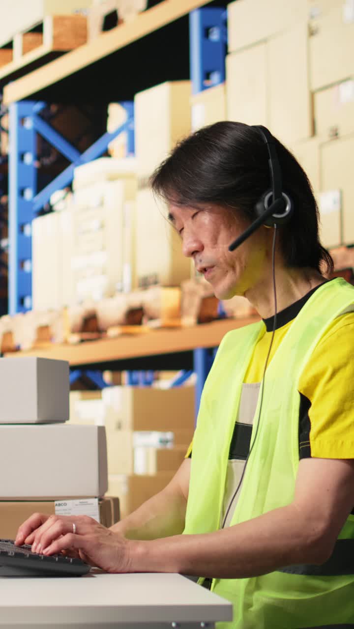 Vertical Video Call center male worker answer help line calls in a logistics warehouse