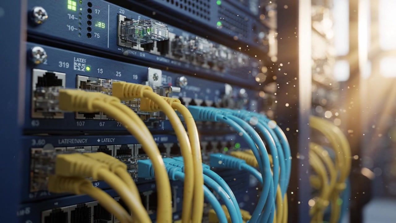 Detailed Close-Up of Network Equipment Featuring Colorful Cables, Highlighting Fiber Connections and Ports with Sparkling Light Effects in a Data Center Environment