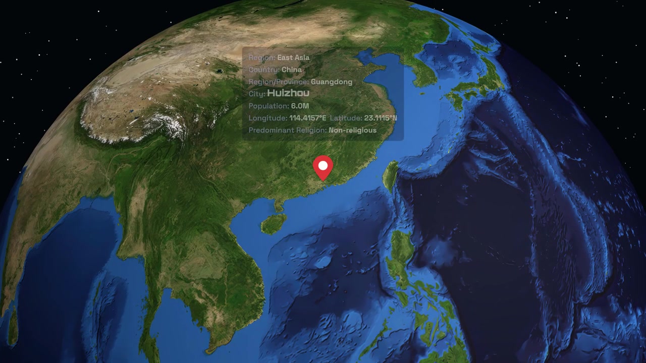 Digital earth rotation zooms from space into East Asia highlighting Huizhou with location data
