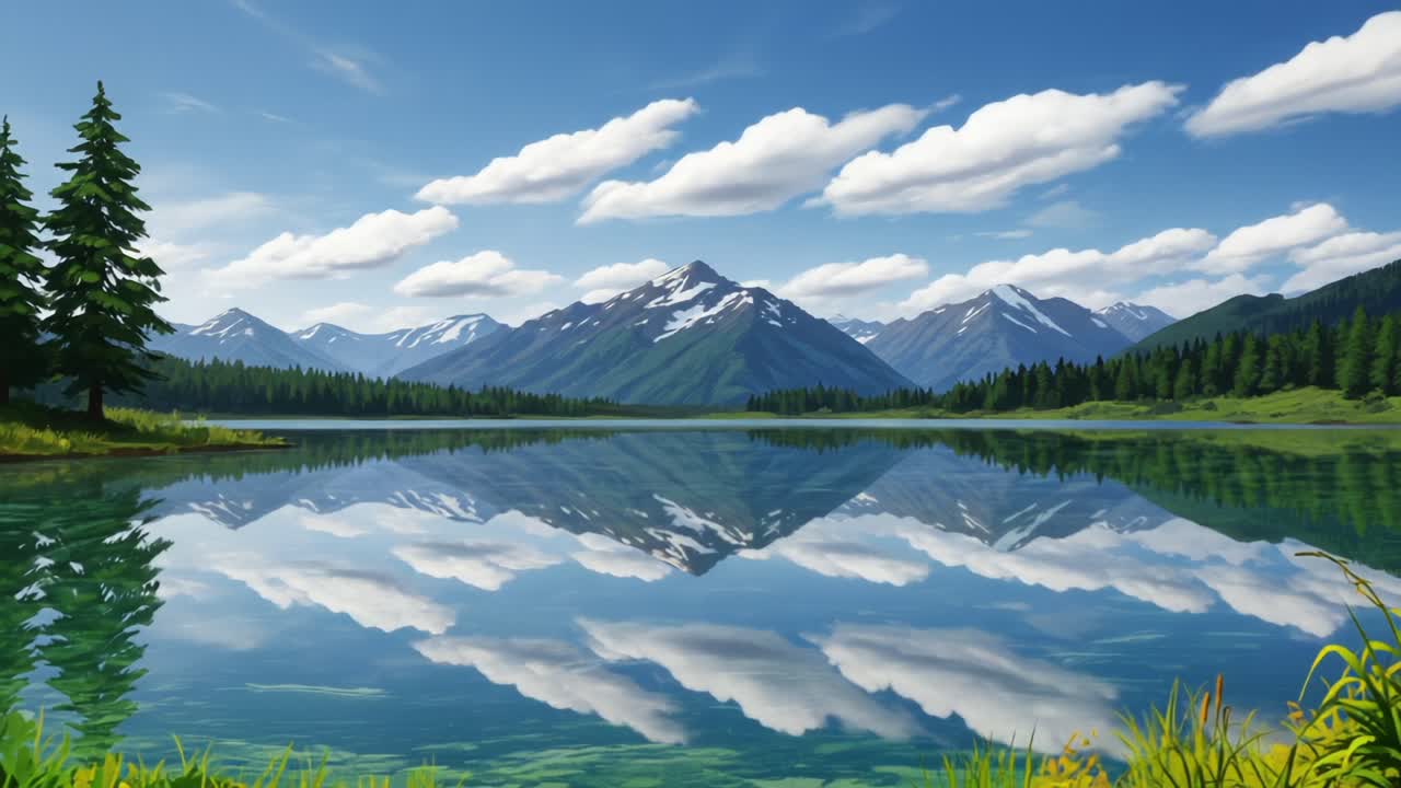 A Serene Mountain Landscape Reflected in Tranquil Waters: A Captivating View of Nature's Beauty with Stunning Peaks, Lush Greenery, and Luminous Skies