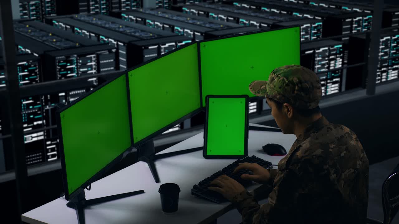 vista lateral de militares asiáticos trabajando con tableta y múltiples monitores de computadora con pantalla verde simulada en el centro de datos