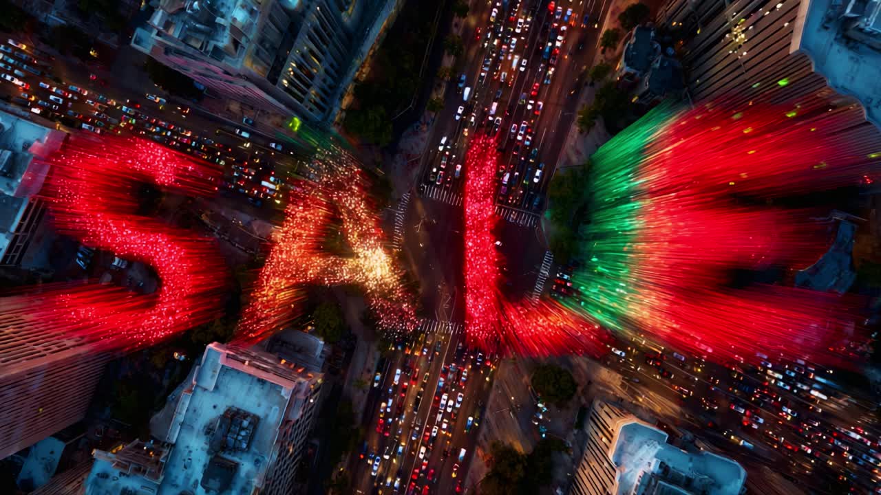 Aerial View of a Vibrant City Street During a Promotional Sale Event, Highlighting the Text 'SALE' with Colorful Lights Amidst a Busy Urban Traffic Scene
