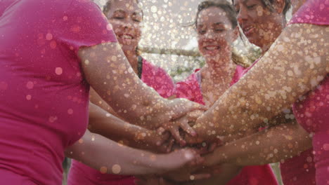 Animación-De-Puntos-De-Luz-Sobre-Diversas-Mujeres-En-Una-Carrera-De-Obstáculos-Formando-Equipo