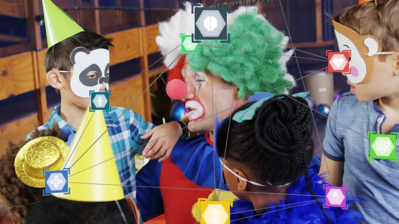 Clown talking to children at party, animated overlay appearing and mapping faces to entertain