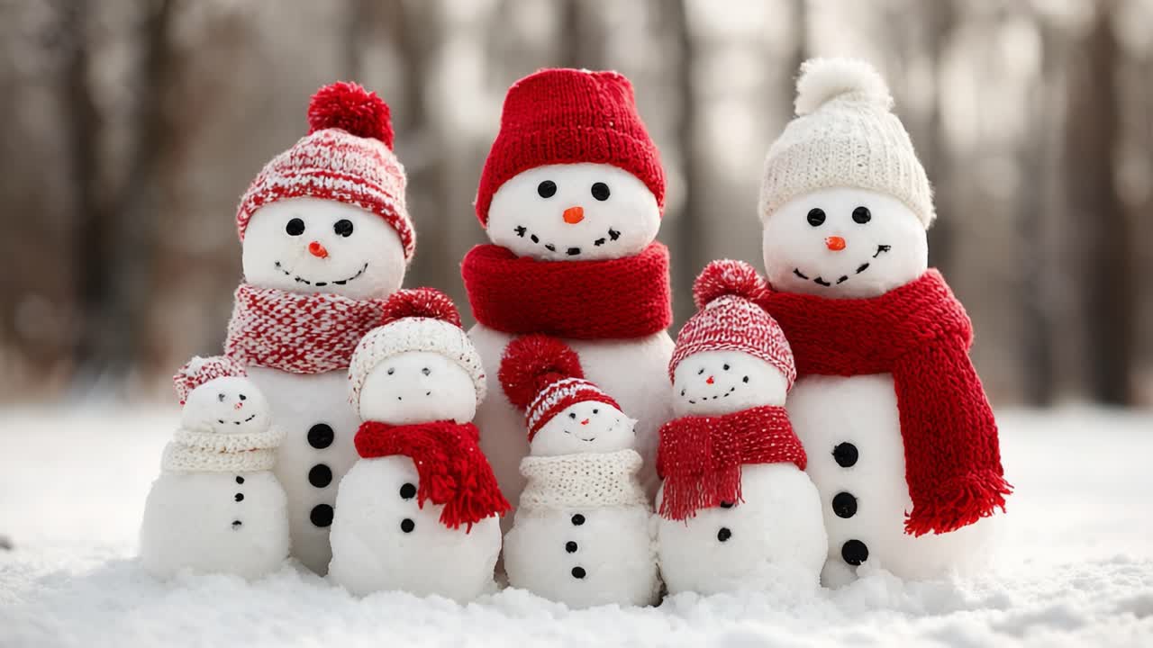 A Charming Family of Snowmen Enthroned in Snowy Wonderland, Each Adorned with Cozy Hats and Scarves, Radiating Joy and Holiday Spirit in the Winter Landscape