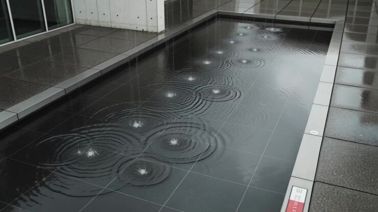 Initiating sequential jets, reflecting pool sending expanding ripple rings across plaza, metal edge