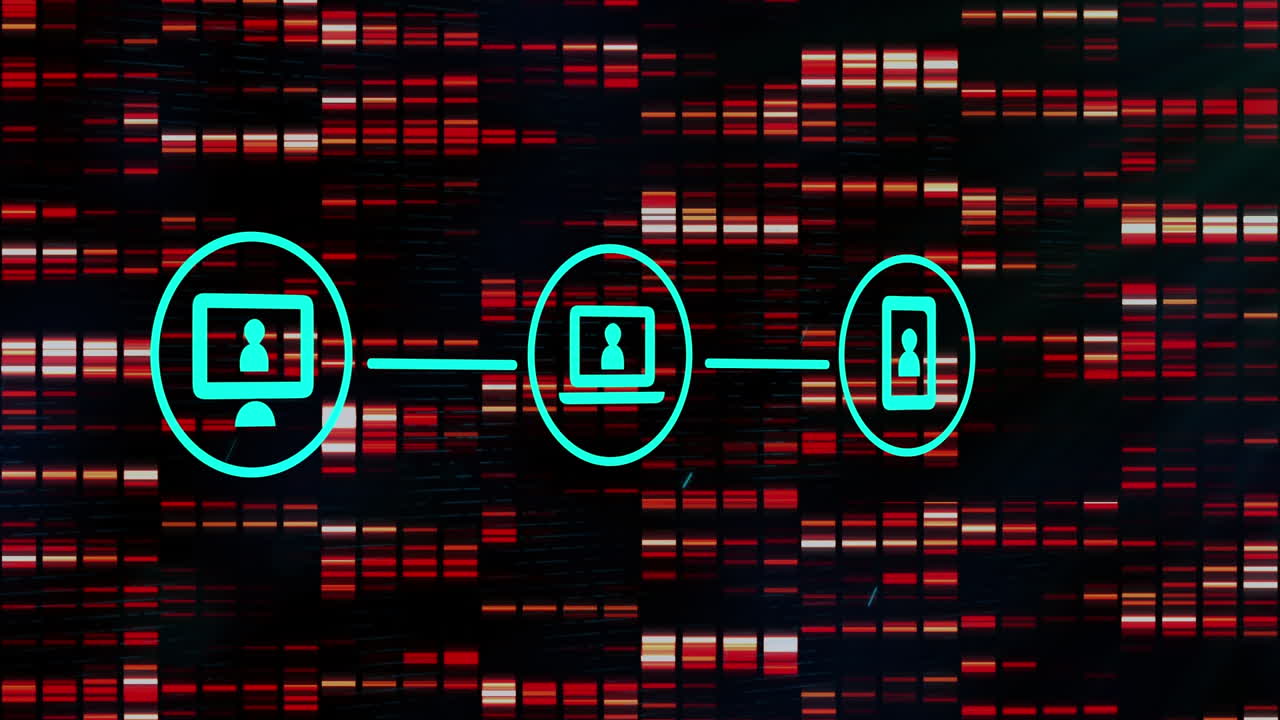 기술 아이콘, 조명 및 검은 바탕의 애니메이션