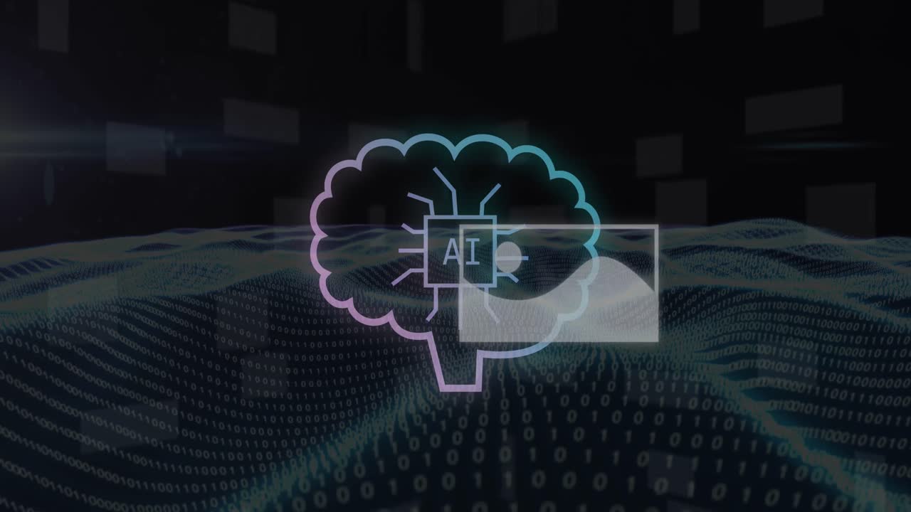 animación de texto ai, iconos y codificación binaria.