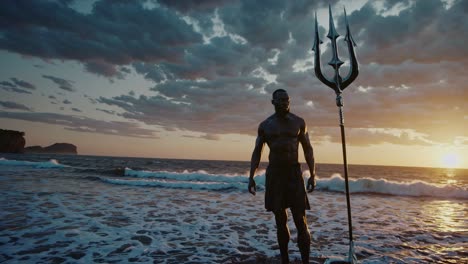 powerful poseidon figure at sunset on the beach