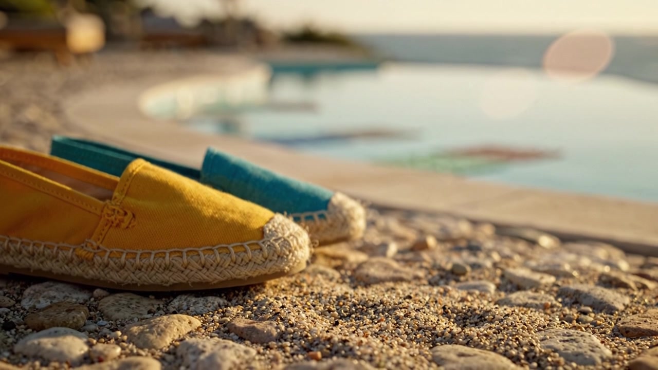 Des espadrilles vibrantes posées sur une surface de galets au bord d'une piscine tranquille, capturant un moment serein au coucher du soleil avec de doux reflets sur l'eau