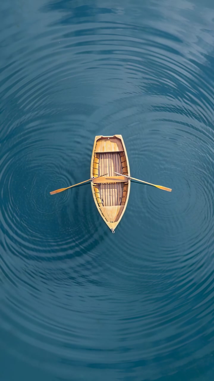 Vertical video: Bobbing wooden rowboat with oars on calm lake, ripples growing outward from boat