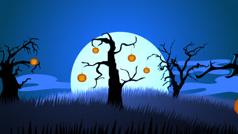 A-scary,-autumn-night.-Zombie-walking-on-the-haunted,-mysterious-graveyard-with-dark-silhouettes-of-spooky-trees-full-of-creepy-jack-o-lanterns.-Full-moon-is-raising.