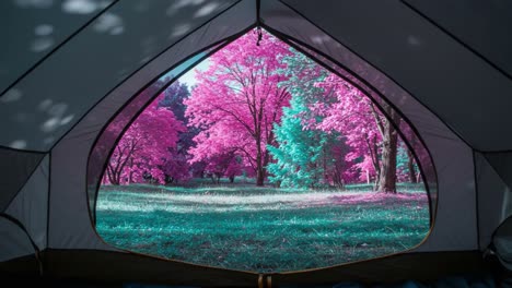 a serene view through a tent window framed by vibrant pink and green trees, offering a peaceful escape into nature's lush beauty