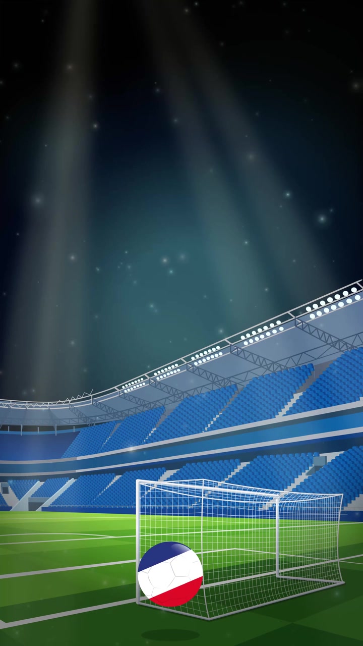 Vertical animation of a tricolor soccer ball bouncing into a lit stadium at night.