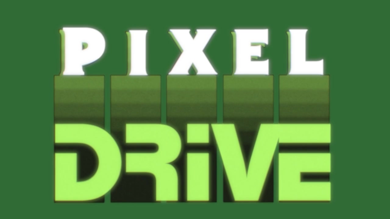 Retro pixelové glitch textové titulky na zeleném pozadí