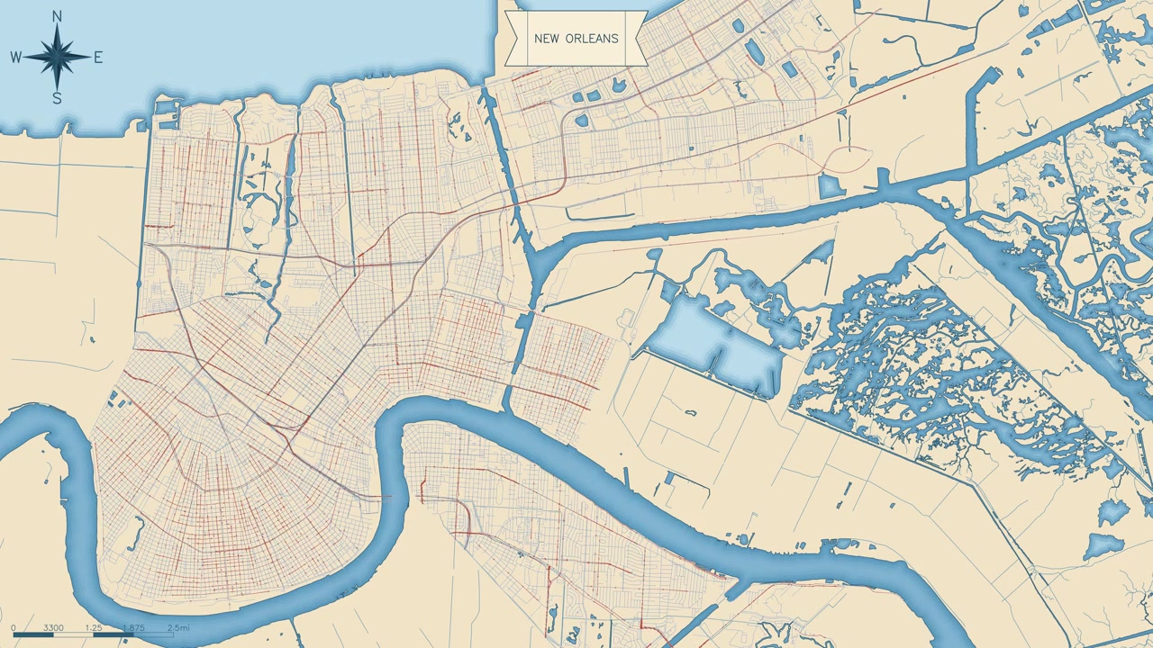 vintage-style map of New Orleans, showcasing the iconic Mississippi River, city streets with flowing traffic, and extensive surrounding wetlands
