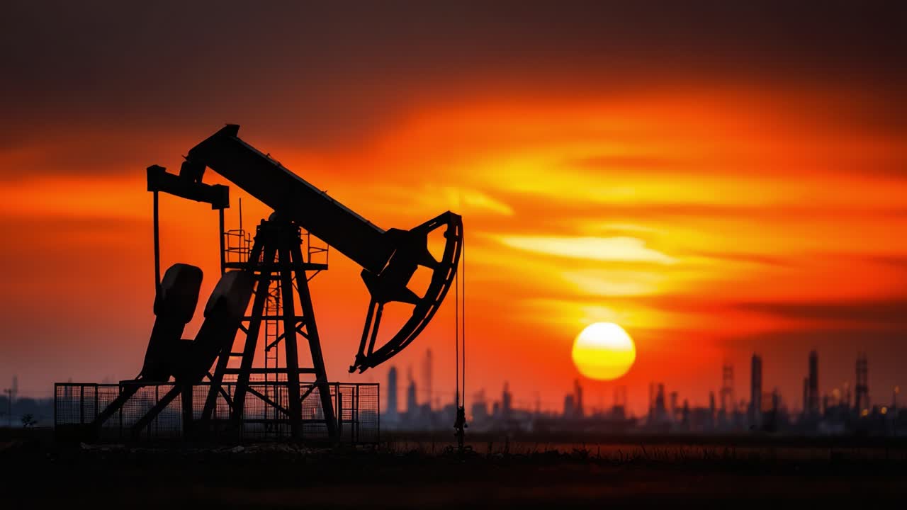 Una Silueta Cautivadora de un Balancín de Extracción de Petróleo Contra un Atardecer Dramático, Resaltando la Intersección entre la Producción de Energía y la Belleza Natural a Medida que el Sol se Pone en el Horizonte