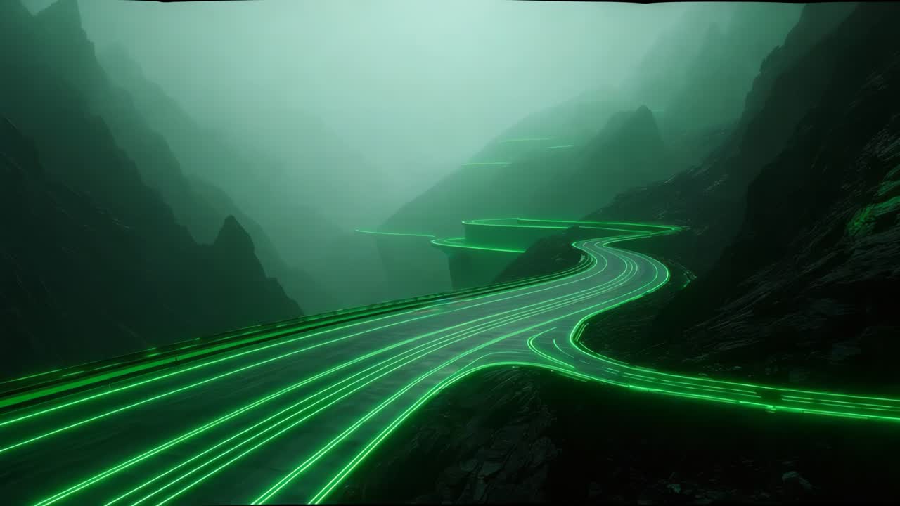autopista verde neón a través de las montañas de niebla