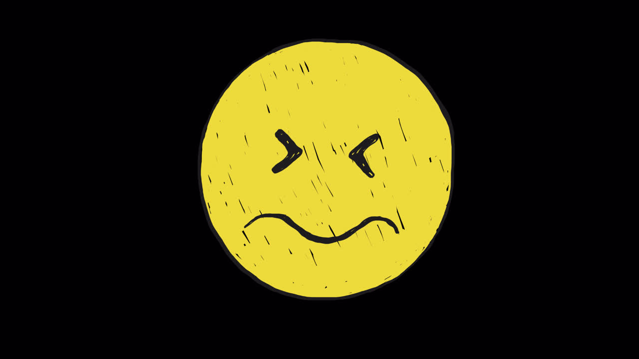 Ručně kreslený rozrušený žlutý emoji obličej na černém pozadí