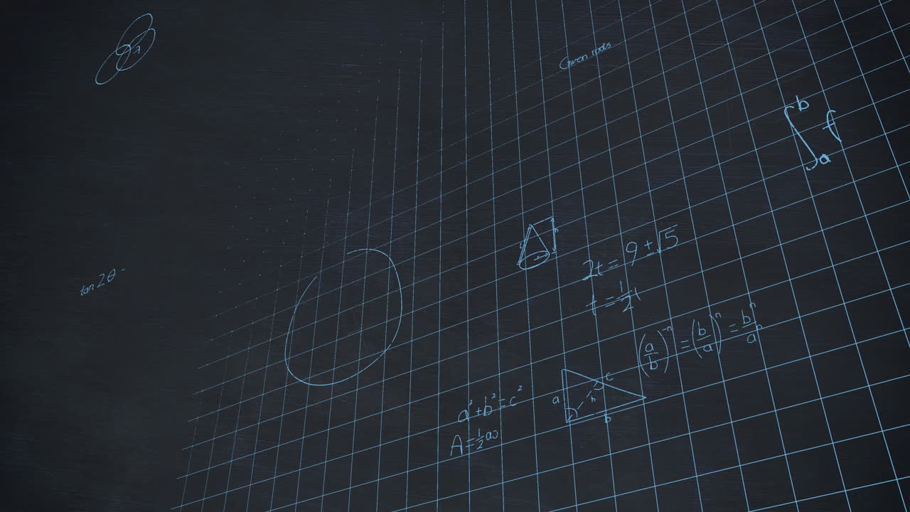 Animation of mathematical equations floating over grid network against black background