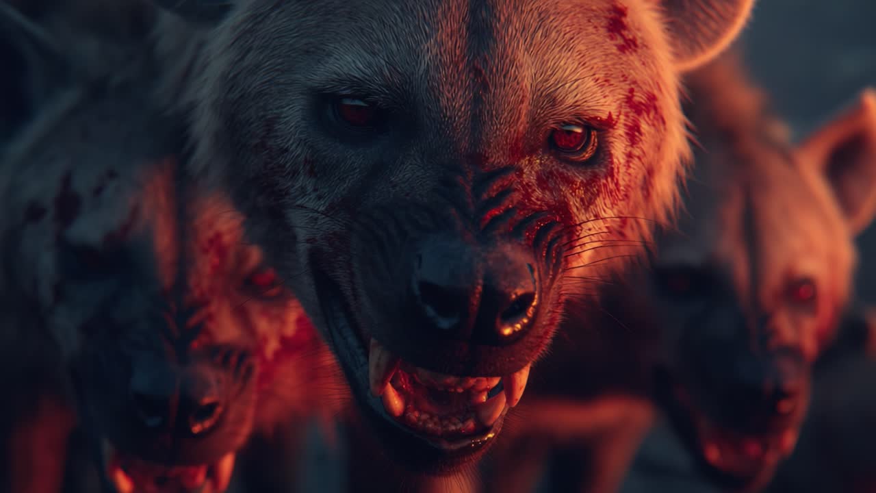 A menacing pack of hyenas with blood-stained fur and glowing red eyes, ready to hunt in the twilight, showcasing their fierce and predatory nature in a dramatic setting