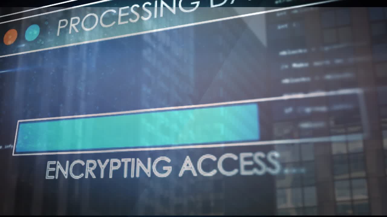 Interface overlay appearing over city processing data filling bar, glitching, fading into cityscape